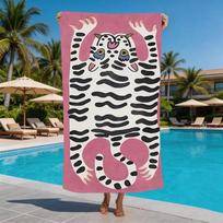 Vintage Folk Art Tibetan Tiger Microfiber Beach Towel Oversized Extra Large Aesthetic Cute Animal Pool Blanket for Men Women 50x100cm beige