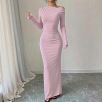 Women's Elegant Long Sleeve Slim Fit Maxi Dress L rožinė