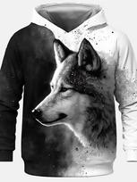 Hoodie vaikams Juodas Baltas Vilko Spaudinys Ilgomis Rankovėmis Džemperis Laisvas Kasdienis Vaikiškas Viršus Lauko Gatvės Apranga Berniukas Džemperis 130 gray