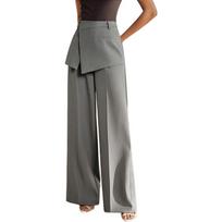 Women High Waisted Wide Leg Fake Two Piece Loose Straight Formal Suit Pants XL pilka