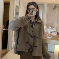 Loose Knitted Cardigan Japanese Lazy Style Vintage Gray Sweater Coat for Women 2XL tamsiai ruda spalva