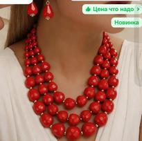 Red Round Beaded Necklace and Earrings Set for Women - Shaped Bead Jewelry Set One Size brown