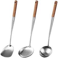 Wok Utensil Set 17 Inch Stainless Steel Ladle Skimmer Turner 3 Pack gray