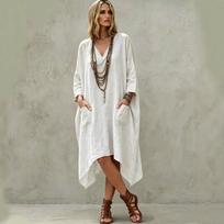 Women Lazy Casual V Neck Three Quarter Sleeve Irregular Loose Midi Dress XXL balta