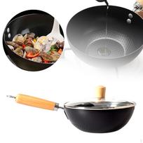 Iron Wok Cooking Pot with Glass Cover for Frying And Stewing on Various Cooktops 20cm black