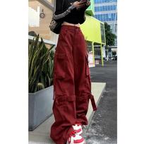 Utility Pants Women Spring/Autumn New Style Straight Leg Wide Leg Casual Sports Pants XL raudona