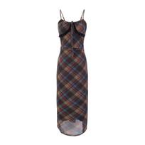 Vintage mesh plaid waist lace-up suspender dress women's summer new Spice Girl slim-fitting small long dress M black