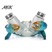 Exquisite Gift for Seafood Restaurant Sea Turtle Salt Pepper Shaker Set with Holder, Resin Figurine Glass Condiment Dispenser Metal Lids Spice A gray
