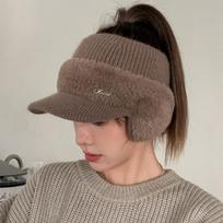 Women S Thickened Open Top Knitted Baseball Cap For Winter Outdoor Cycling Warm Hat One Size chaki