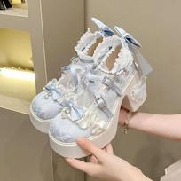 Women's Mary Jane Single Shoe Elegant Temperament Soft Sole Lace Lolita High Heels Beautiful Princess Shoes for Women Tacones 38EU/CN39 mėlyna