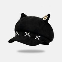 Y2K Cat Ears Beret Embroidery Painter Artist Cap Sweet Suede Octagonal Hat  Photography Prop juoda