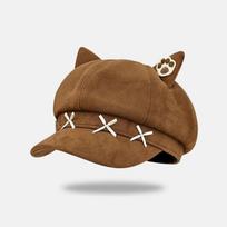 Y2K Cat Ears Beret Embroidery Painter Artist Cap Sweet Suede Octagonal Hat  Photography Prop kava