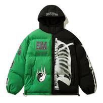 FlowStreet Mens Winter Hooded Parka Jacket Skeleton Print Streetwear Oversized Coat Harajuku Loose Thick Warm Outwear Unisex XXL žalia