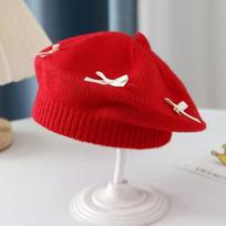 Thick Warm Kids Beret Hat Bowknot Decoration Toddler Warm Beanie Bow Knit Headwear  Autumn Winter raudona