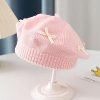 Thick Warm Kids Beret Hat Bowknot Decoration Toddler Warm Beanie Bow Knit Headwear  Autumn Winter rožinė