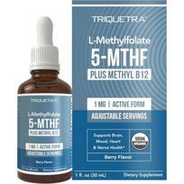 Organic Methyl Folate 1000 Micrograms + Vitamin B12 Cofactor (300 Servings) – Metabolic Active 5MTHF Berry Flavor Liquid Sublingual Mood Awareness