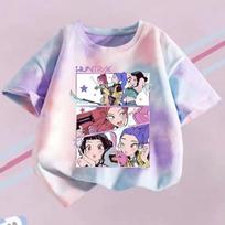KPop Demonų Medžiotojų Marškinėliai Vaikams Violetiniai Dažyti Tie-dye Viršus Mergaitėms Apvalia Kaklo Apranga Trumpomis Rankovėmis T-shirt Vaikams Vasaros/Rudens Drabužiai 100 gray