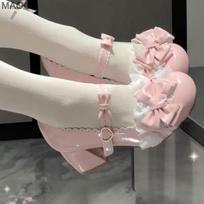 Lovely Mid-heel Women's Mary Jane Shoes Bowknot Lace Cute Lolita Shoes Round Toe Chunky Heel Sweet Pumps Size35 Zapatos De Mujer 38 rožinė