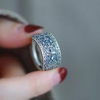 Yin Taifei Thai Silver Retro Floral Top Ring - Auspicious Sign, Women's New Chinese Ethnic Style Adjustable Open Ring gray