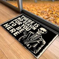 Black Bottom Halloween Doormat Skeleton in Suits Pattern There Is No Reason for You To Be Here Letters Floor Rug 30X50CM white