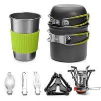 Camping Cookware Portable Mess Kit Camping Pot and Pans Cooking Set žalia
