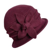 Ladies Wool Beret Cap With Floral Pattern And Short Brim French Vintage Style Wine brown