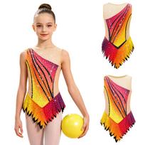 Vaikų ritminės gimnastikos triko be rankovių tinklinės detalės, užsegamas tarp kojų, su kalnų krištolu, spalvų blokai, bodis varžyboms, scenos pasirodymams 13-14 Years oranžinė