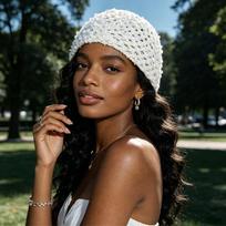 Women Solid Knitted Hollow Sequined Casual Pullover Beanie One Size balta