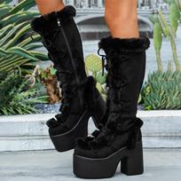 Moteriški žiemos sniego batai Gothic Lolita Platforminiai Aukštakulniai Suede Batai Plush Šilti Ilgi iki kelių Batai Dydis 36-43 41EU/CN42 juoda