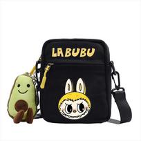 LABUBU canvas bag LABUBU peripheral small square bag doll nylon canvas lightweight simple versatile crossbody bag black