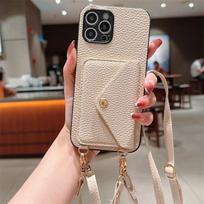 Applicable to iphone16promax lychee pattern card bag leather case 14plus crossbody card lanyard mini protective cover iPhone16ProMax beige