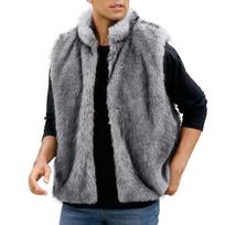 Men Faux Vest Jacket Stand Collar Sleeveless Open Front Cardigan Fuzzy Coats Outerwear With Pockets L gray