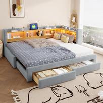 90x200 cm Sleeper Sofa, 3-in-1 Daybed, L-Shaped Bed with LED Lighting and Socket – Extendable to 180x200 cm Double Bed for Bedroom and Guest Room 214 x 112 x 78.5 cm pilka