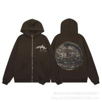 Cross-border European and American trendy brand Travis Scott geometric patterned fleece-lined cardigan, hooded sweatshirt, men's and women's high L gray