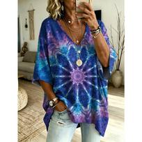 Bohemian Tie-Dye Kaleidoscope Print Batwing Sleeve T-Shirt, Loose V-Neck Drop Shoulder Short Sleeve, Casual Top for Daily Wear And Outings 5XL blue