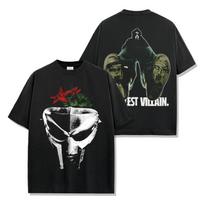 American American Hip Hop MF Doom Printed Short Sleeve T-Shirt Loose Crew Neck Men's and Women's Retro Fashion Short Sleeve Top M gray
