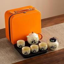 Guochao Open Film Ru Kiln Panda Kung Fu Travel Tea Set Teapot Teacup High-end Gift Box Business Companion Gift orange
