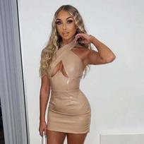 Seksuali, krūtis apnuoginanti ir lieknų klubų suknelė be rankovių moterims pavasarį ir vasarą XL brown
