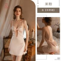 Sexy lingerie sexy hollow suspender skirt summer ice silk hot backless cross bed flirting pajamas woman L beige