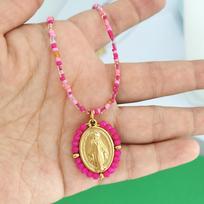QMHJE Mergelės Marijos nerūdijančio plieno pakabukas grandinėlė moterims Choker karoliukų grandinėlė aukso sidabro spalvos vaivorykštės spalvos papuošalai beige