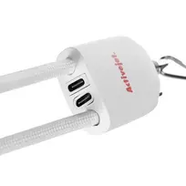 Activejet dirželis su 3-in-1 įkrovimo kabeliu, baltas. Galai su įvairiais jungtimis: USB-C, Lightning adapteris, USB-A