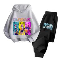 KPop Demon Hunters Huntrix Hoodies + Pants Kids Autumn Sweatshirts Long Sleeve Pullover Girls Boys Clothing Comfortable Outfits 100 gray