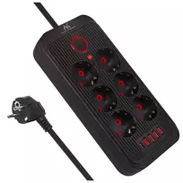 Maclean elektros paskirstytuvas, 6 lizdai + 4xUSB prailginimo laidas, 110–240 V kintama srovė, 50/60 Hz, 2,1 A, maks. 2500 W, 1,5 m, juodas, MCE389 B