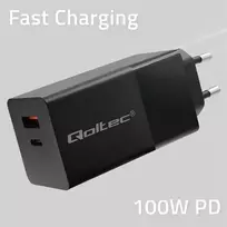 Qoltec 52382 GaN POWER PRO įkroviklis 1xUSB tipo C 1xUSB A 100W 5-20V 1,5-5A PD Juoda