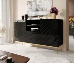 ABETO ladekast op frame van goudstaal 150x42x90 zwart/zwart glans
