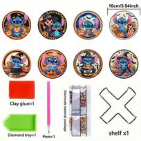 8pcs/Set DIY Lilo & Stitch Diamond Painting Coasters with Holder Anti Slip Wood Coasters Diamond Art Coasters for Adults suit black