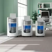 Leitz IQ OptiMax Home Office 225 dokumentų naikiklis Smulkinimas itin mažais gabalėliais 58 dB Pilka, Balta