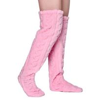 Women Furry Thigh High Slipper Socks Solid Color Cable Pattern Fleece Fuzzy Over Knee Stockings Winter Warm Leg Warmers rožinė