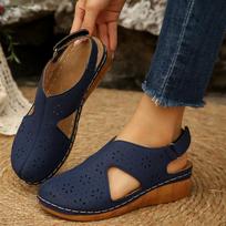 Women's Summer Breathable Hollow Velcro-Strap Wedge Peep-Toe Stitched Closed-Toe Sandals, Casual Comfort Footwear. 40 mėlyna