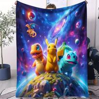 Pokémon Anime flanelinis pledas Ryškus Pikachu Ašo raštas Minkštas šiltas užklotas Sofos lovos uždangalas Kempingo miego apsiaustas Vaikams Suaugusiems Gerbėjams Dovana 80x120cm blue